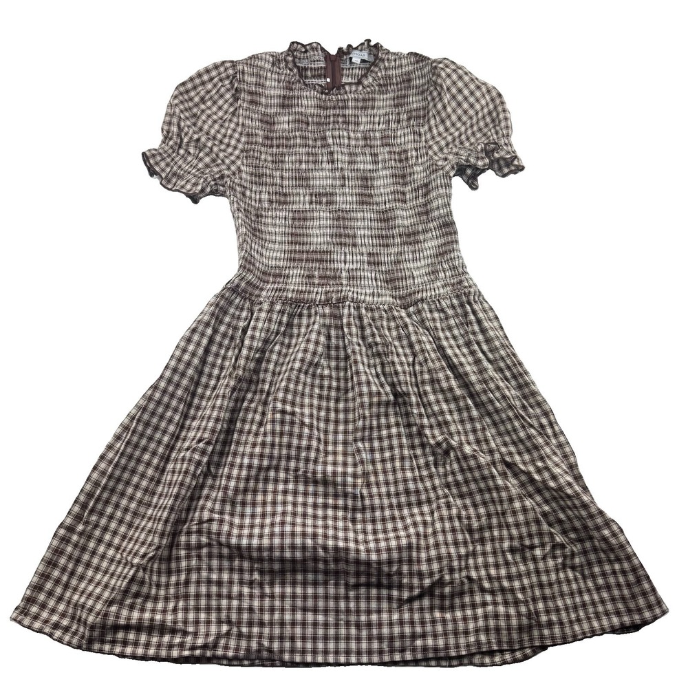 RIHOAS Plaid Smocked Dress Womens M Brown Puff Sleeve Cottagecore Midi